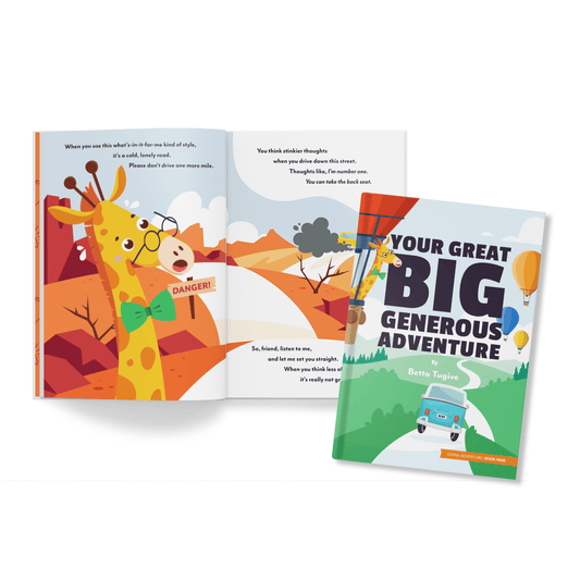 Children's book with a colorful cover and open pages showing a giraffe character.