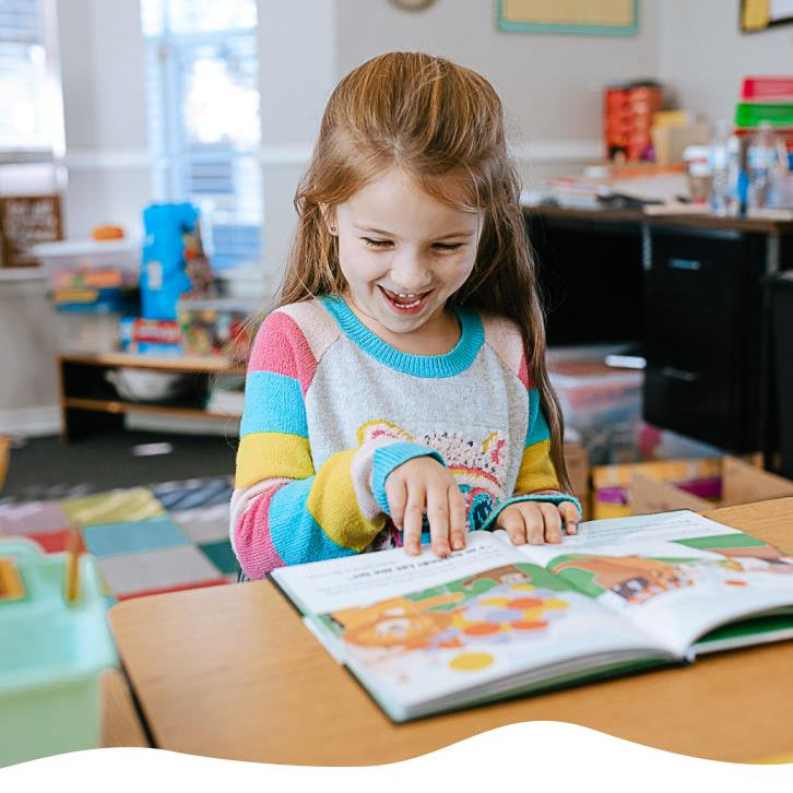 Little girl reading a Generous Family storybook in her room, Christian children’s book about kindness and compassion.