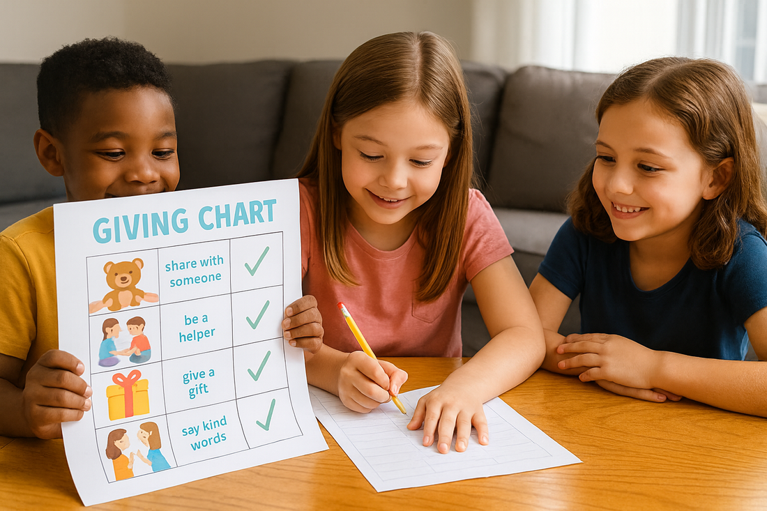 Kids doing a giving chart activity, with one child holding the chart and others writing simple ways to show kindness.