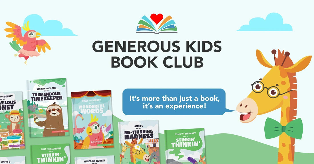 Banner showing Generous Kids Book Club with colorful animal characters and several children’s books displayed together.
