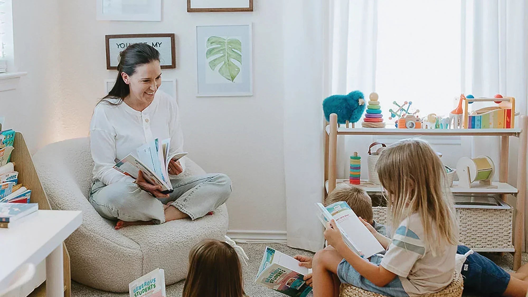 Parent reading with children at home, teaching kids kindness and compassion through shared reading and positive family activities