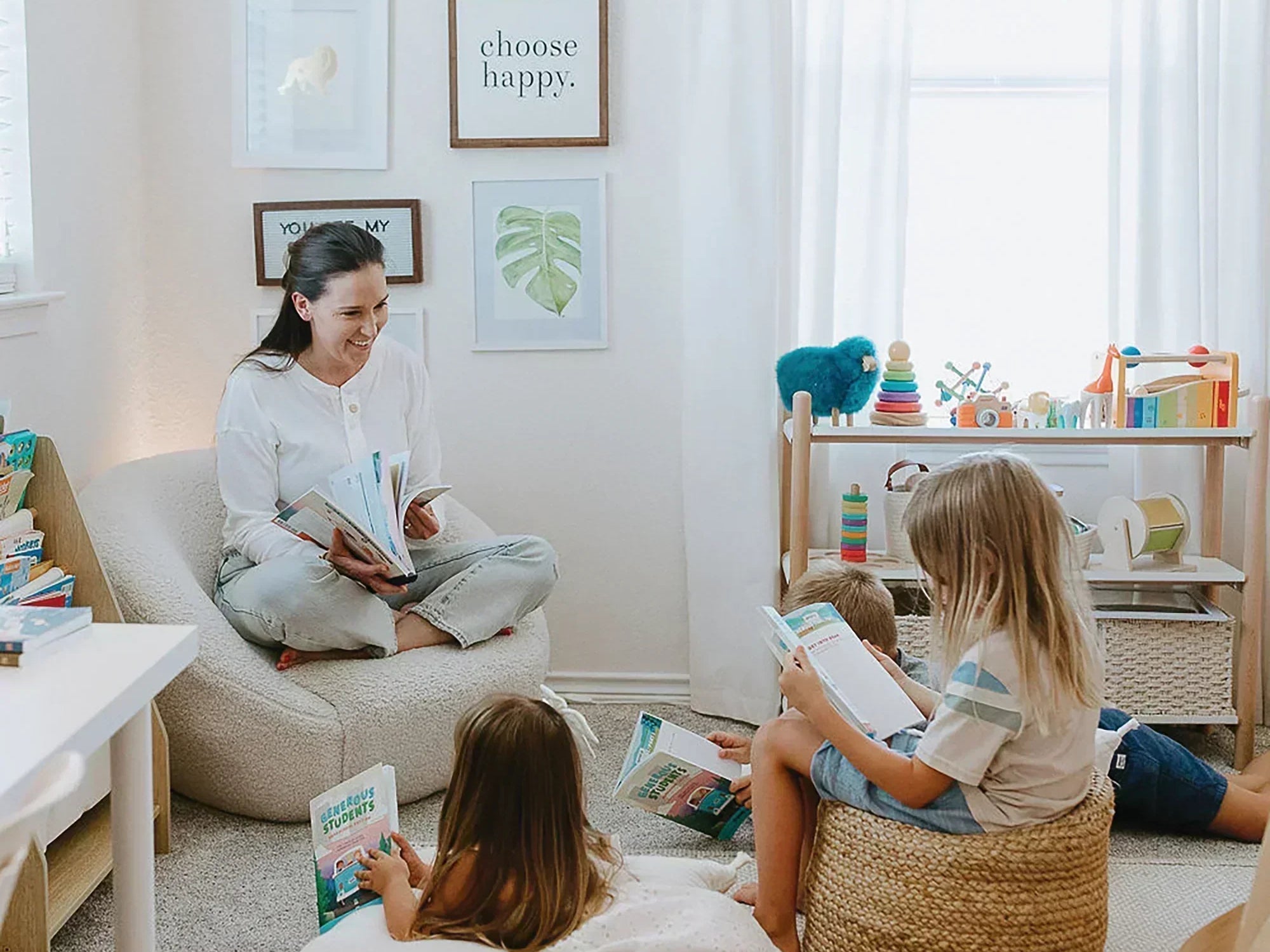 Parent reading with children at home, teaching kids kindness and compassion through shared reading and positive family activities