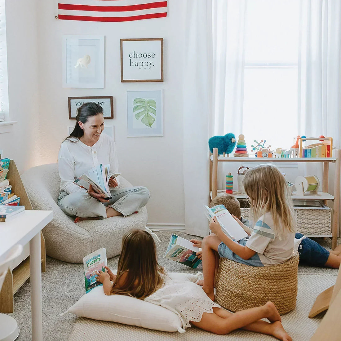 Parent reading with children at home, teaching kids kindness and compassion through shared reading and positive family activities
