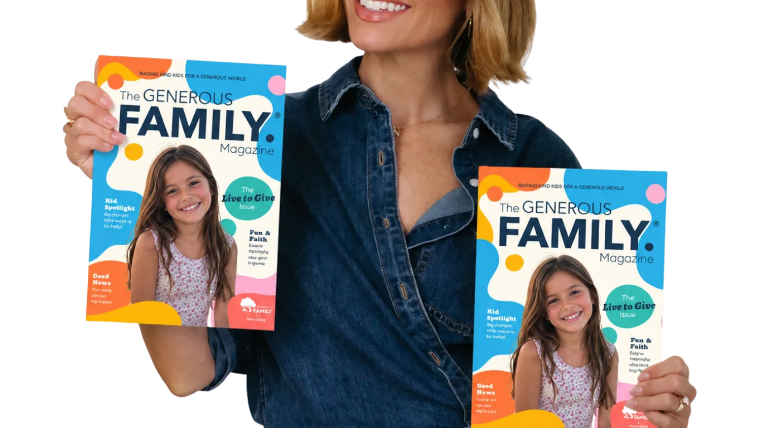 Candace Cameron Bure holding The Generous Family Magazine, a Christian magazine for kids