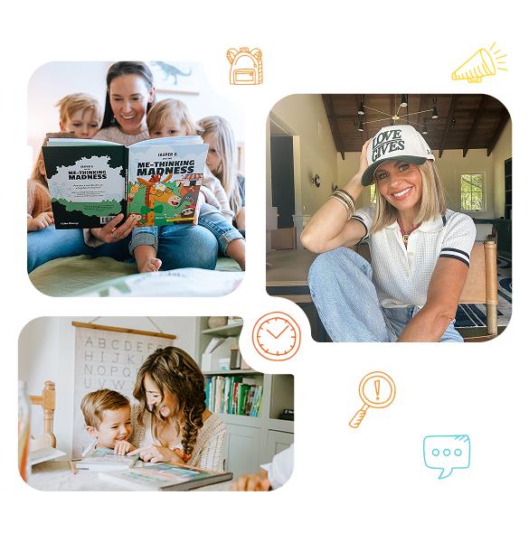 Collage of a woman reading to children, a woman wearing a cap, and a child reading a book with a woman.