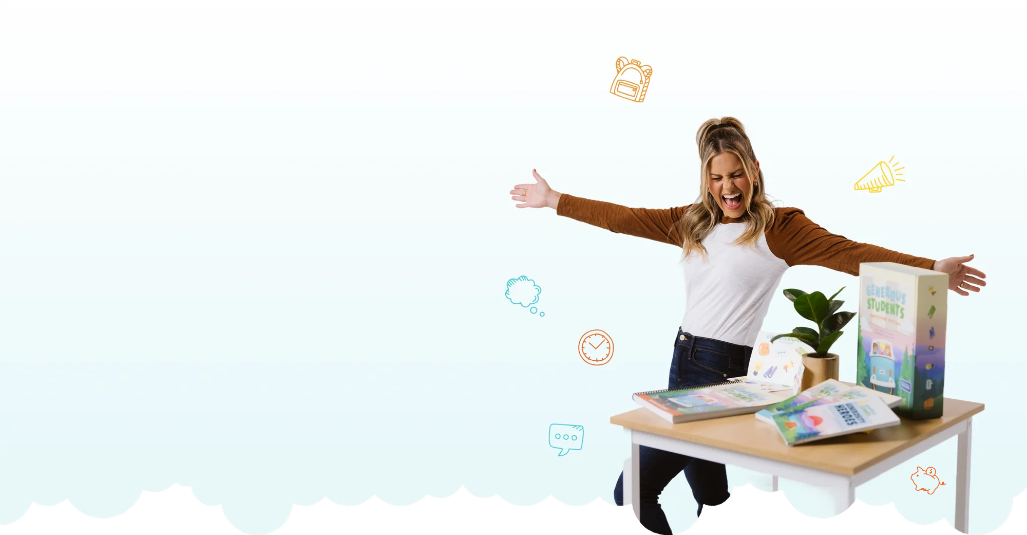 Woman at a desk with educational materials and floating icons