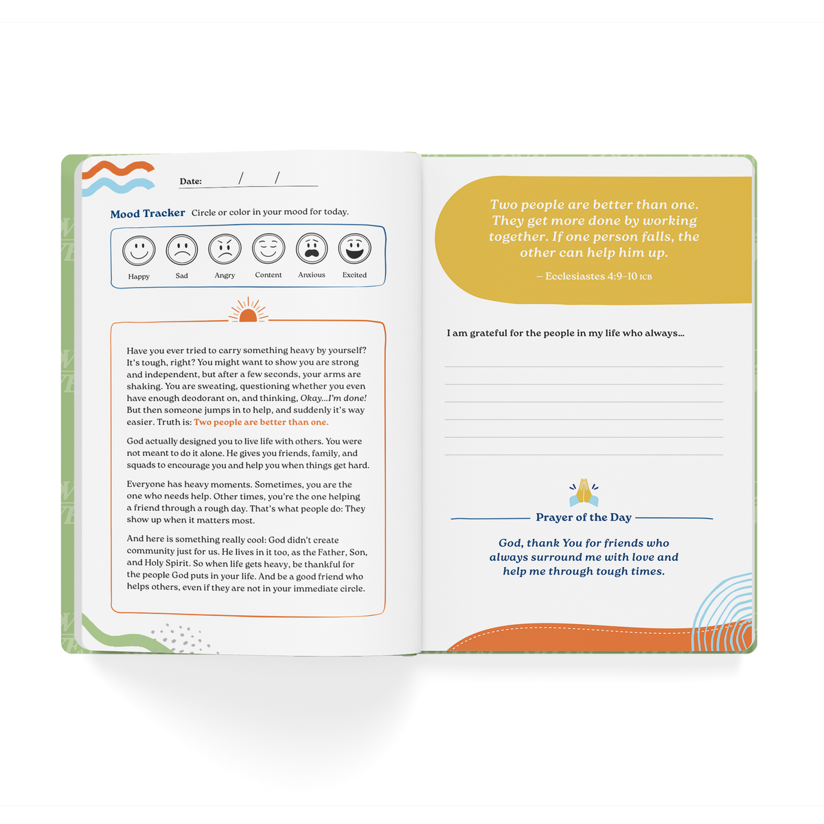 Inside spread of the Love Gives Youth Journal with mood tracker and daily devotion