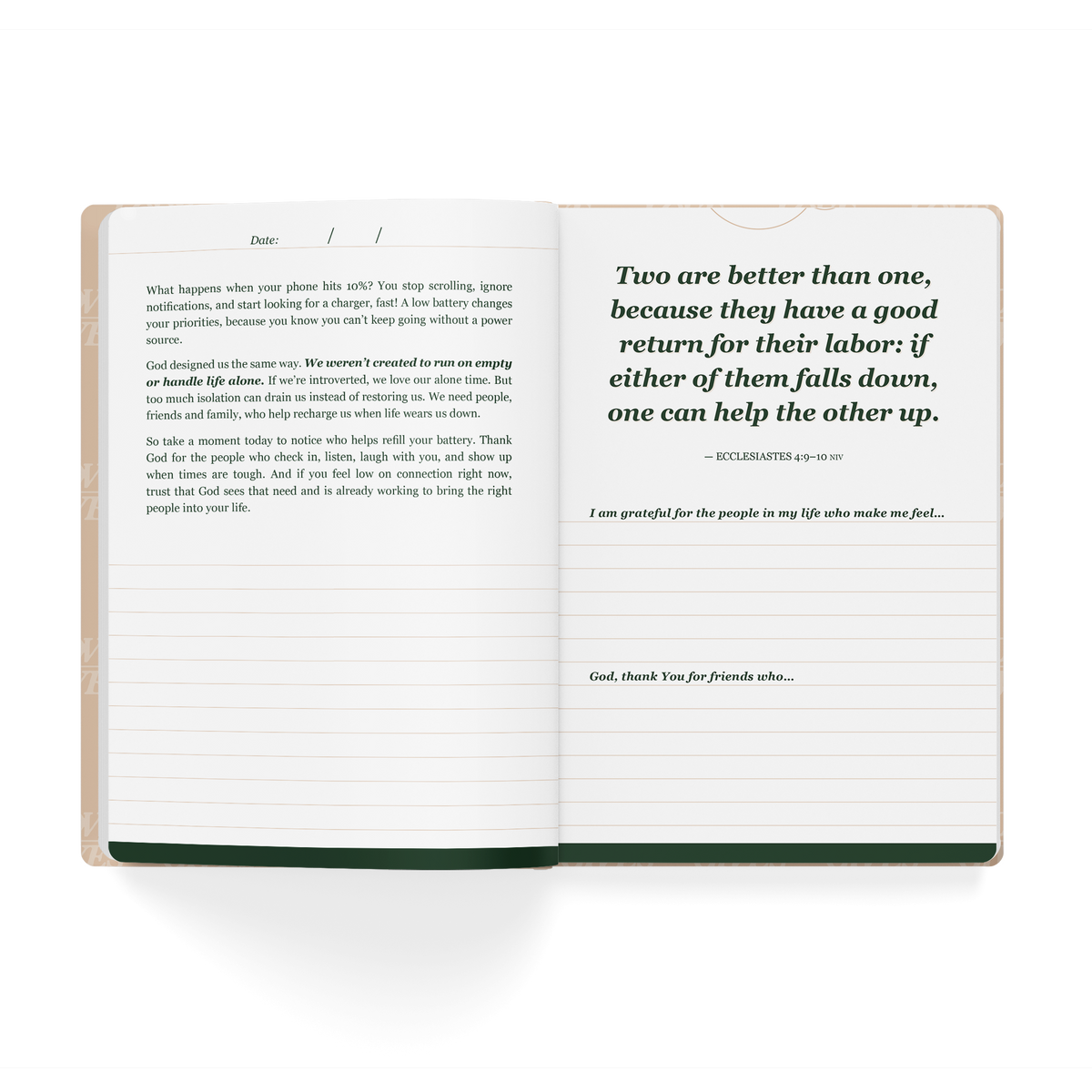 Inside spread of the Love Gives Gratitude Journal showing a daily devotion and Scripture