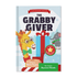 Book cover of 'The Grabby Giver' with a giraffe and elephant illustration