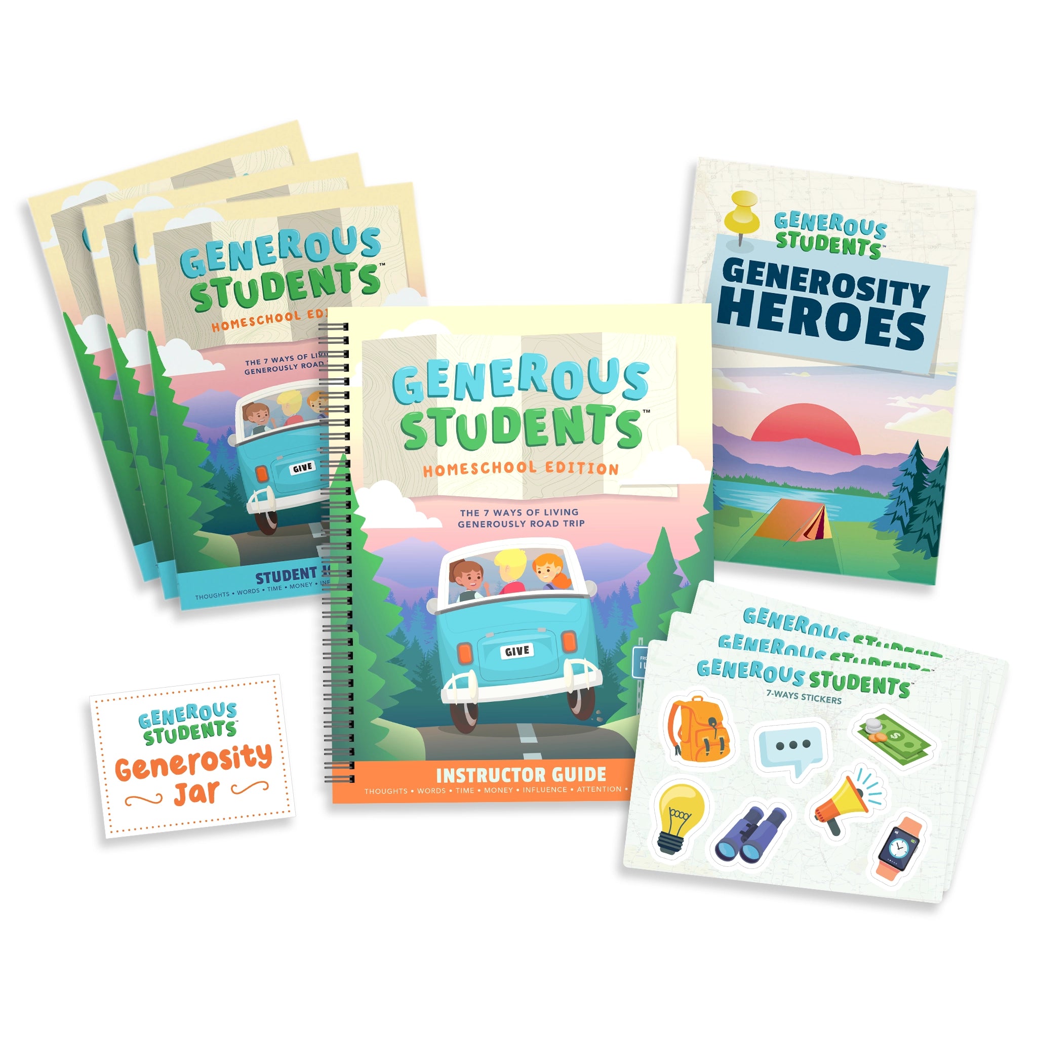Collection of educational books and materials for 'Generous Students' program on a white background