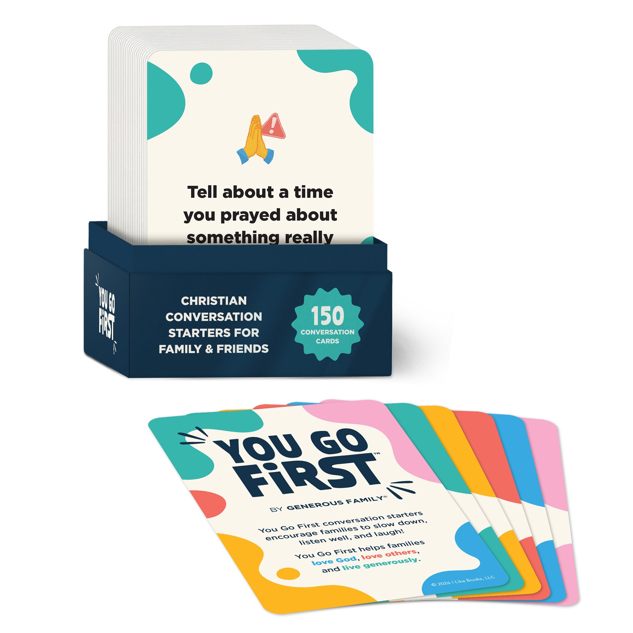 You Go First Christian conversation card game, open box with cards fanned out