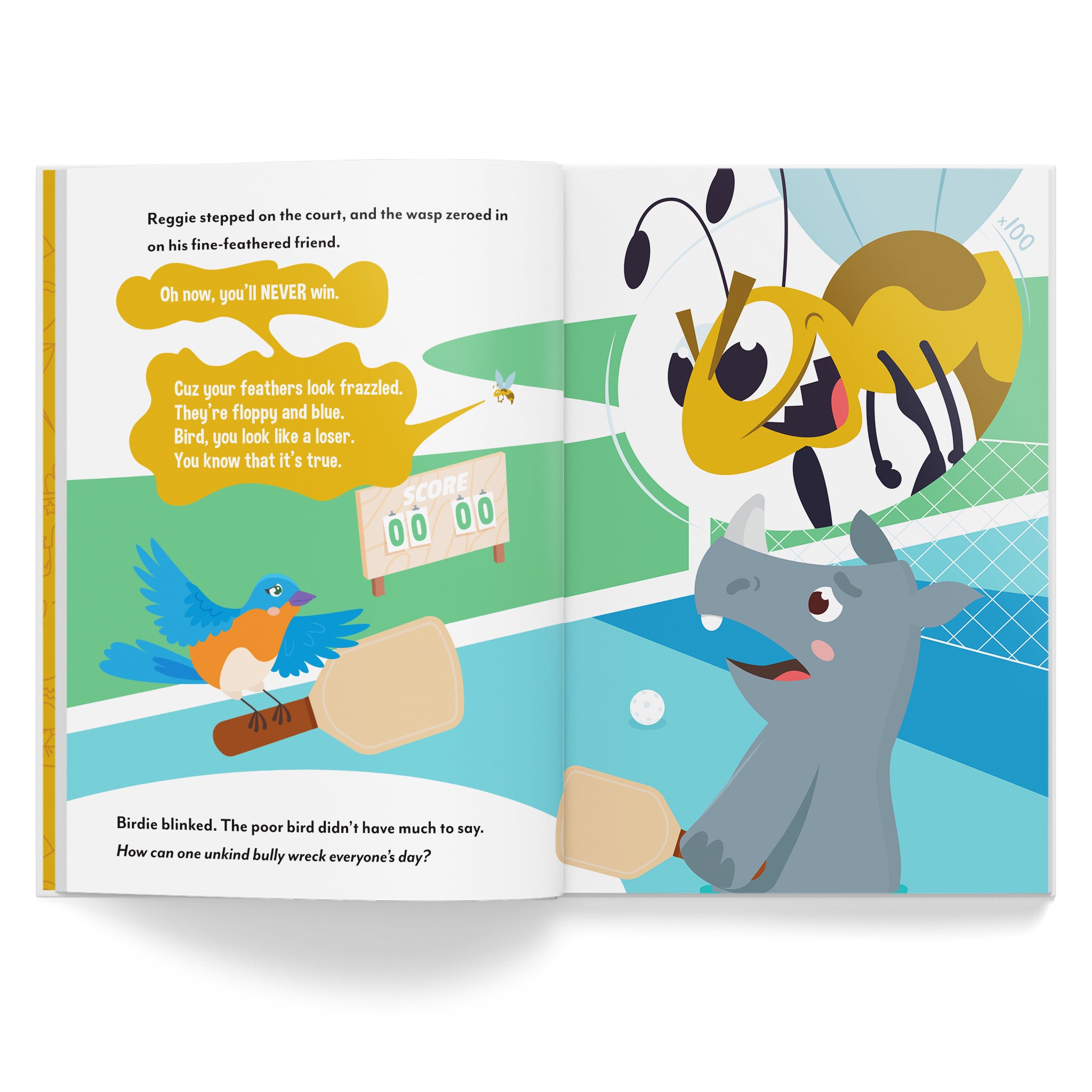 Open book with cartoon characters on a sports court