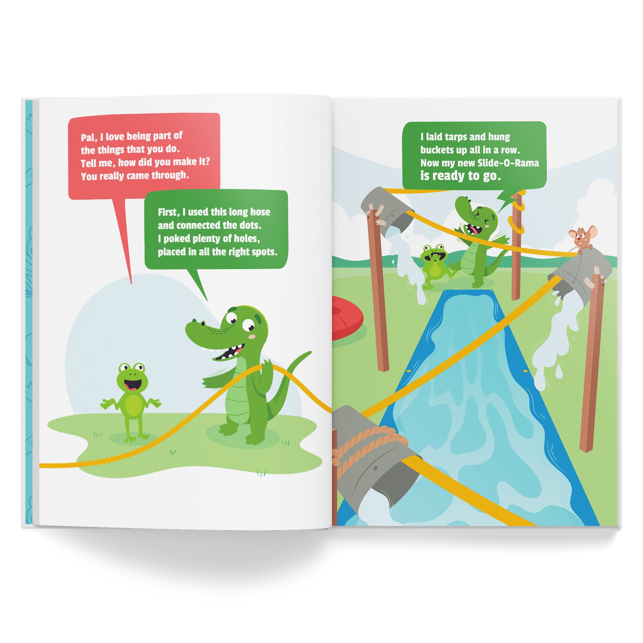 Open book showing cartoon pages with characters and text bubbles.