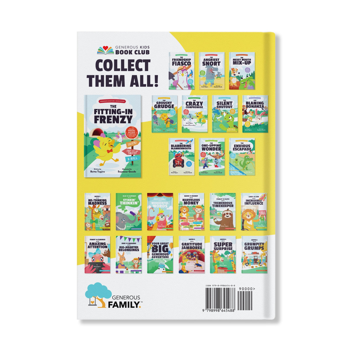 Collection of children's books with a promotional banner for Generous Kids Book Club
