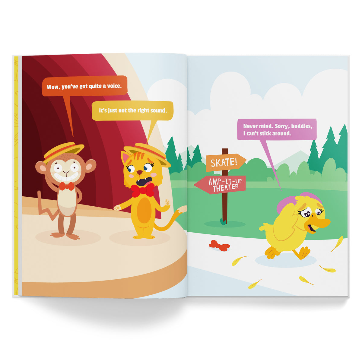 Open book with cartoon characters