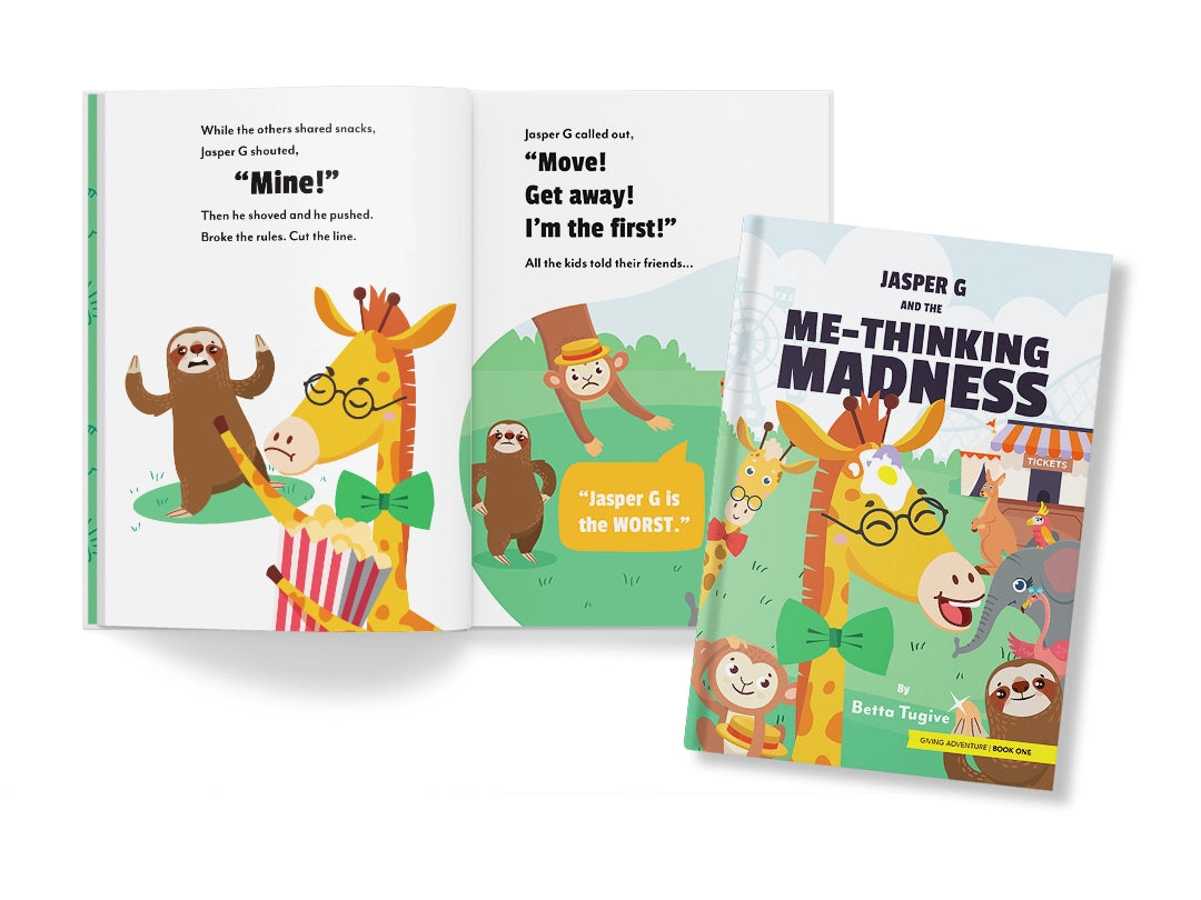 Children's book with cartoon animals and text