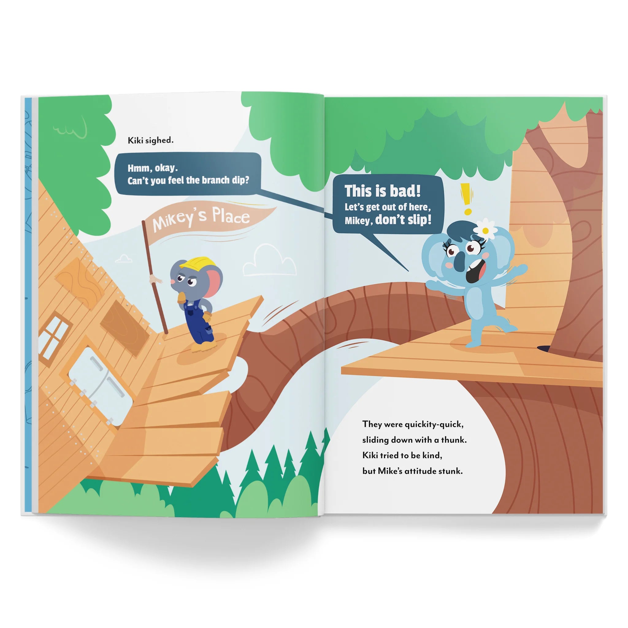 Illustrated book page with two cartoon characters