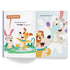 Open book showing two cartoon dog pages with dialogue bubbles.