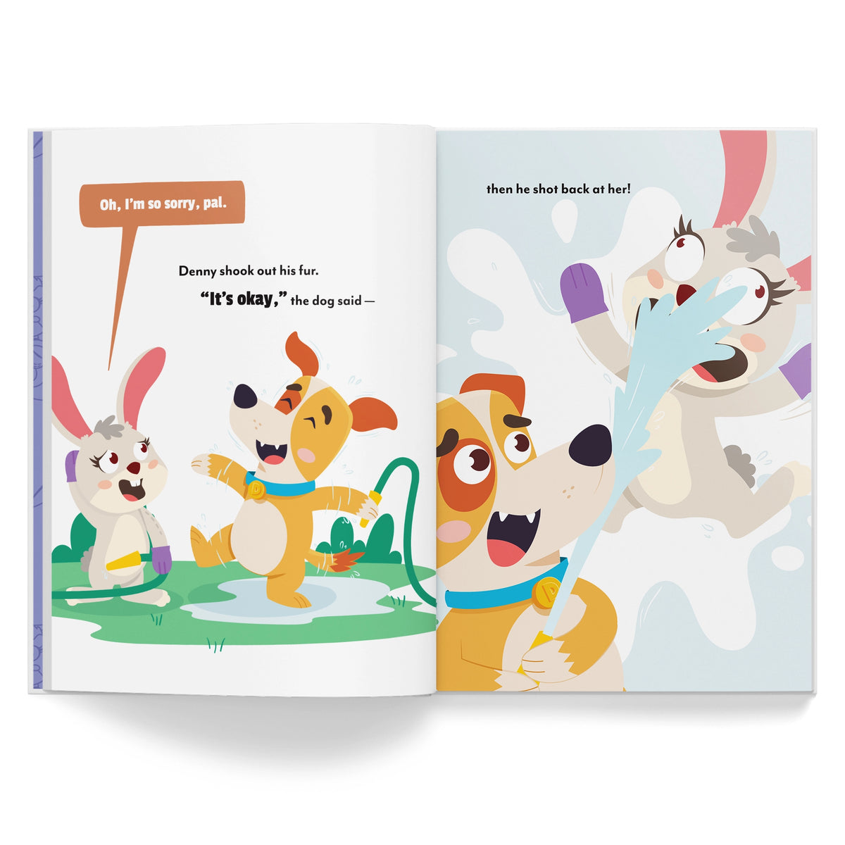 Open book showing two cartoon dog pages with dialogue bubbles.